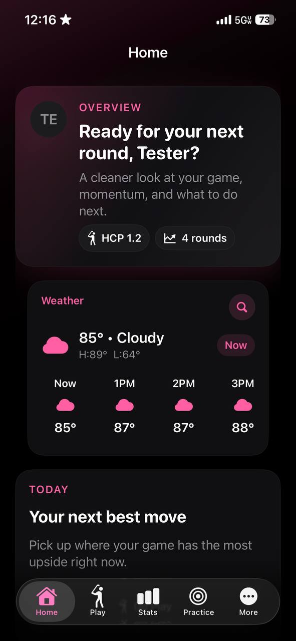 Carry Number home overview with weather, handicap, rounds, and next best move