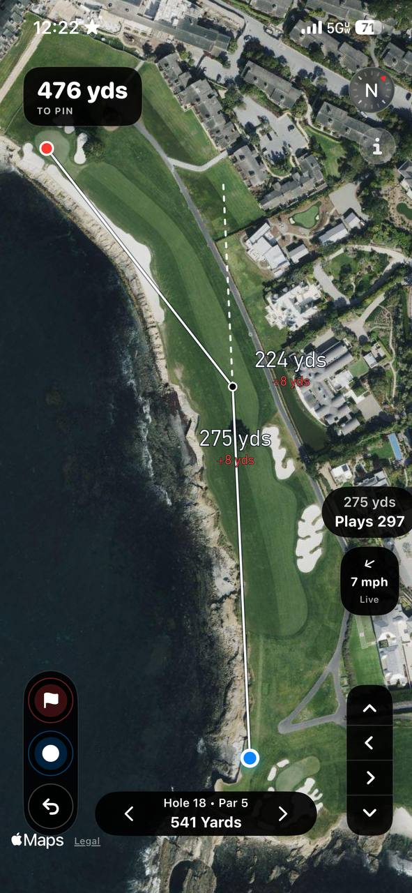 Carry Number tee shot map with wind and plays-like yardage
