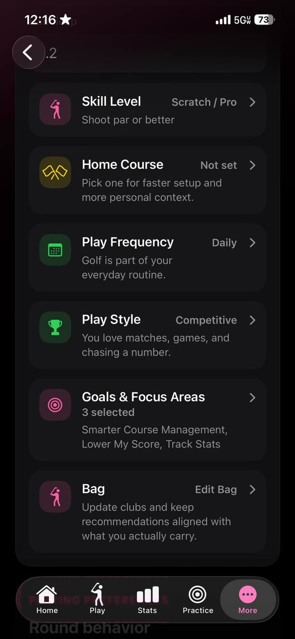Carry Number profile preferences screen with skill level, home course, play frequency, play style, goals, and bag