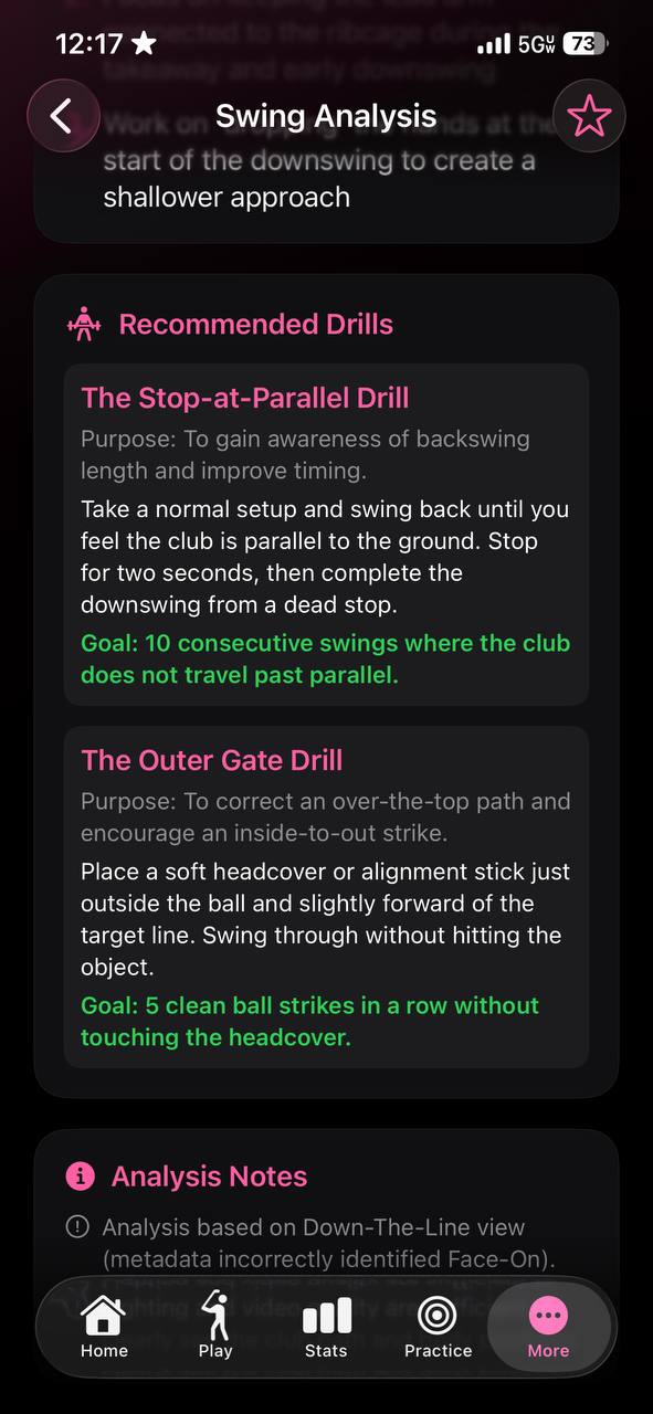 Carry Number swing analysis recommended drills and notes