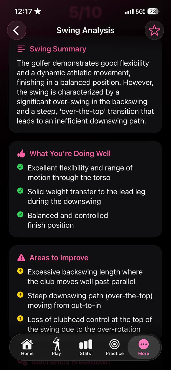 Carry Number swing analysis summary with strengths and areas to improve